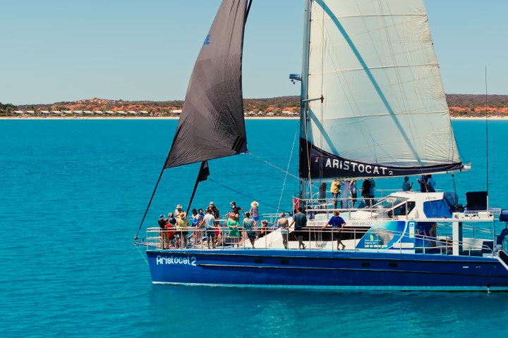 A blue and white sailboat with people onboard sailing on clear blue water.