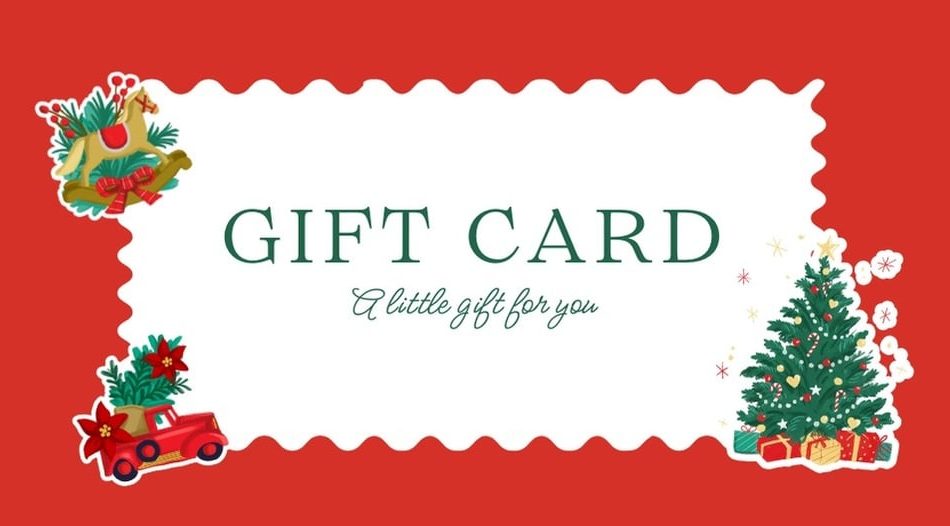 Christmas themed gift card with tree, presents, and red accents on a red background.