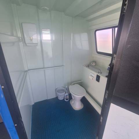 Compact bathroom with toilet, toilet brush, and window on a blue mat floor.