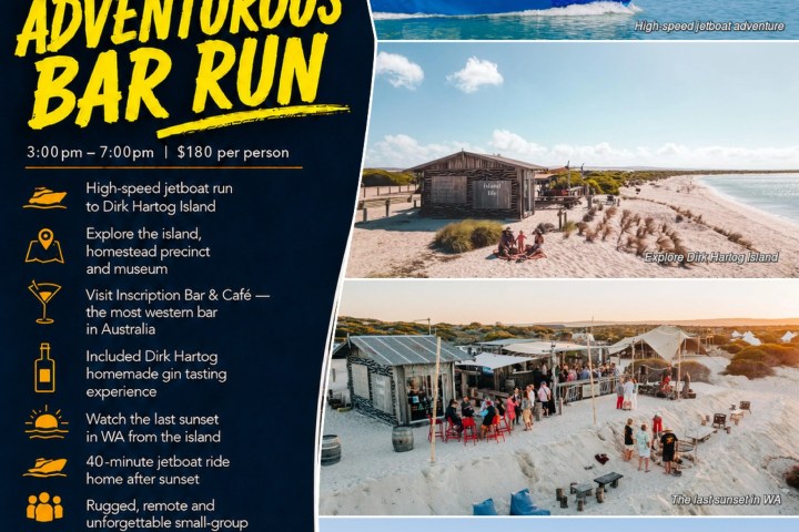Norwest Rum Runner tour poster with boat, beach, and visitors in activities.